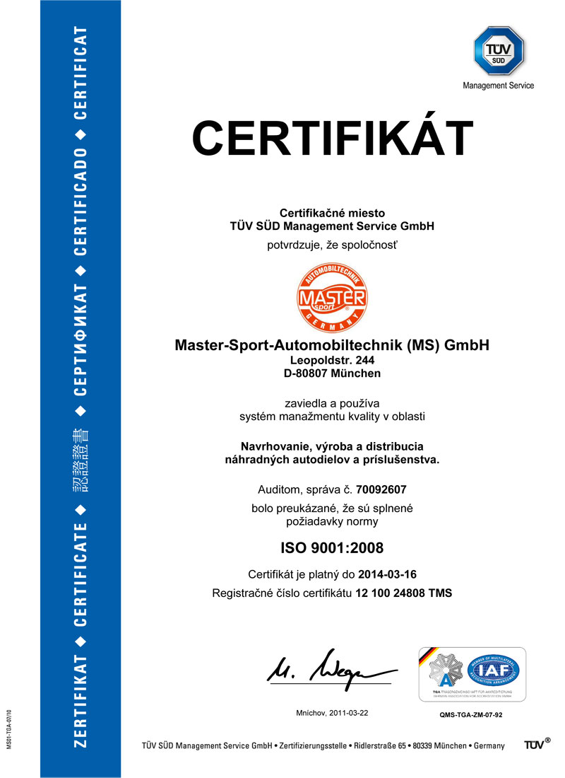 Certifikát Master Sport